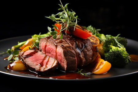 Savory Delight: AI-Crafted Grilled Beef Fillet and Vegetable Appetizer Plate (Aspect Ratio: 3:2)の素材