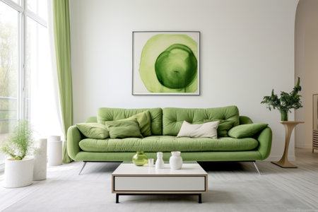 Emerald Elegance: A Tranquil White Living Room with a Green Sofa and Ample Spaceの素材