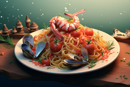 Artificial Intelligence Creates an Exquisite 3:2 Ratio Plated Gourmet Pasta & Seafood Delightの素材