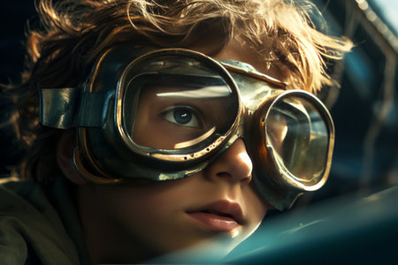 Diving into Adventure: The Curious Boy with Swimming Goggles peering through a Windowの素材