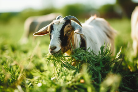 Captivating Chaos: A Defocused Goat Grazes on Grass Amidst a Herdの素材