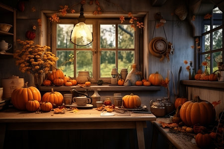 Falling Leaves and Festive Feasts: Autumn Kitchen Interior with Pumpkins and Thanksgiving Decorの素材