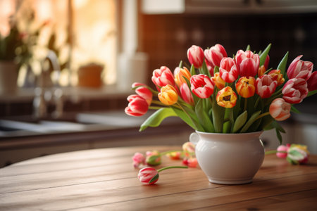Blooming Splendor: Captivating Tulip Flowers Adorn Kitchen Table (AR 3:2)の素材