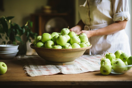 Serene Simplicity: A Kitchen Scene with Fresh Green Apples and Domestic Blissの素材