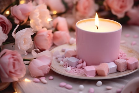 Enchanting Love and Femininity: Festive Romantic Table Adorned with Flowers and Pink Marshmallow Cupの素材