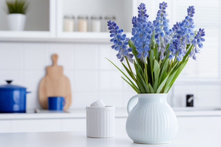 Eco-Friendly Scandinavian Kitchen Blooms with Blue Muscari: A Fresh Spring Decorationの素材