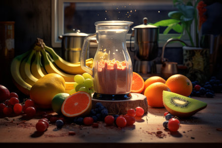 Aesthetic Harmony: Artfully Arranged Blender and Fruits on the Kitchen Tableの素材