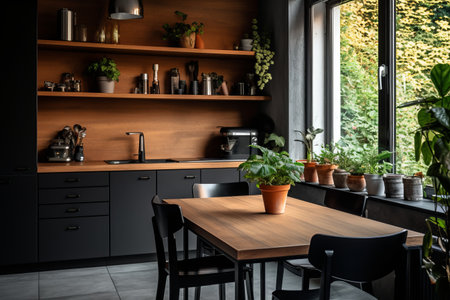 Aesthetic Vibes: Stylish Black and Wooden Kitchen Set Enhanced by an Inviting Window and Lush Indoorの素材