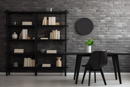Modern Living: The Black Kitchen Table and Chair Accentuated by a White Brick Wall in a 3:2 Aspect Rの素材