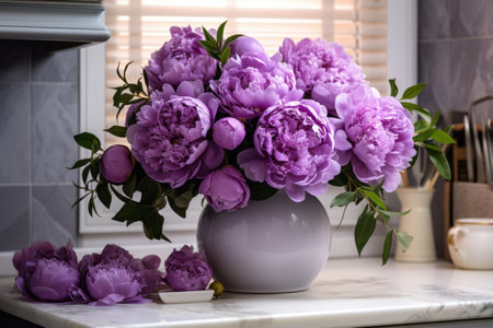Captivating Purple Peony Bouquet Adorns Kitchen Interior - AR 3:2の素材