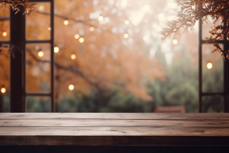 Unleash Your Creativity: A Blurred Window Background and Wooden Table Set the Stage for Your Personaの素材