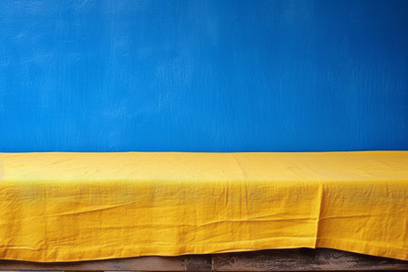 Vibrant Contrasts: Blue Fabric on Wooden Tabletop, Set Against a Yellow Wall Backgroundの素材