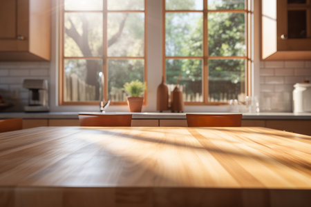 Warmly Blurred Kitchen Scene: Wood Table in Front of Windowの素材