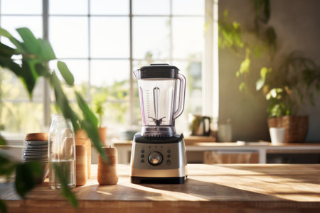 Savoring the Scenic Kitchen: A Stunning Interior with Sunlit Wooden Table and a Whirring Blenderの素材