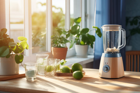 Basking in the Sun: A Stunning Interior with a Wooden Table, a Kitchen Blender, and Serene Ambianceの素材