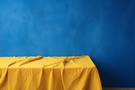 Vibrant Blue Fabric and Wood Tabletop Against a Bold Yellow Wall Backgroundの素材