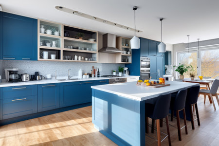Aesthetic Fusion: Contemporary Kitchen Oasis with Blue and White Cabinets and Warm Wooden Flooringの素材
