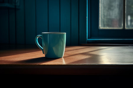 The Serene Blue Cup: A Mesmerizing Kitchen Table Scene AR 3:2の素材