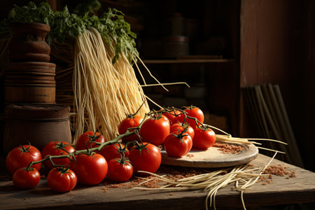 A Rustic Delight: Flavorsome Raw Spaghetti adorned with a Truss of Tomatoes in a Charming 3:2 Landscの素材