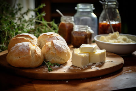 Gourmet Delights: From Fresh Bread Rolls to Creamy Brie - A Culinary Masterpiece on the Kitchen Counの素材