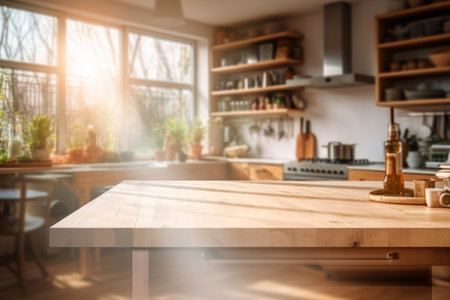 Ethereal Kitchen Aesthetics: Blurred Interior View with Wooden Table - AR 3:2の素材