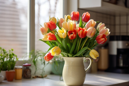A Vibrant Addition: Tulip Bouquet Beautifies Kitchen Interior [AR 3:2]の素材