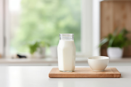 Milk Break: A Refreshing Glass Next to a Carton Box in the Kitchen, Ready for Your Message! --ar 3:2の素材