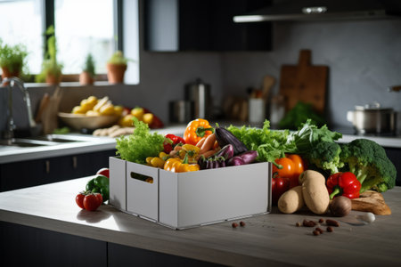 A Captivating Composition: Vibrant Vegetable Box Adorning a Modern Kitchen Table (AR 3:2)の素材