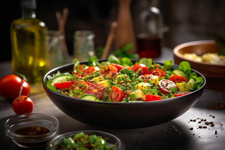 Delicious Salad Bowl and Fresh Ingredients Arranged on Kitchen Table: A Mouthwatering Scene in 3:2 Aの素材