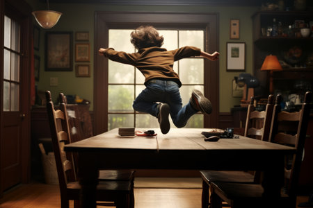 Playful Boy Takes a Leap off a Dining Room Table in Captivating 3:2 Shotの素材