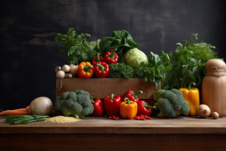 A Contemporary Kitchen Display: Fresh Vegetables Arranged in a Tabletop Boxの素材