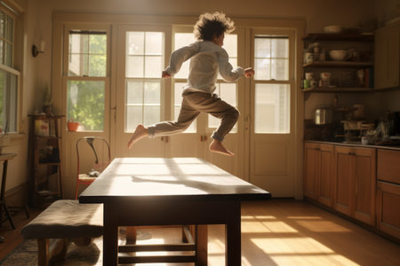 Playful Leap: Capturing a Boy's Joyful Dive Off a Dining Room Table --ar 3:2の素材