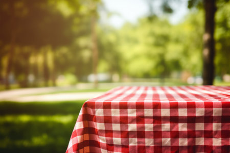 Vibrant Checkered Picnic Red Table Cloth Set Against a Beautiful Natural Background - AR 3:2の素材