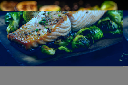 Succulent Salmon Delight: Grilled Brussels Sprouts Accompany the Perfect Photo Moment on AR 3:2の素材