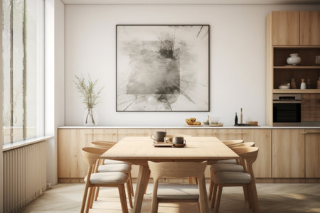 Aesthetic Brilliance: Inviting Kitchen Room featuring Dining Table and Striking Posterの素材