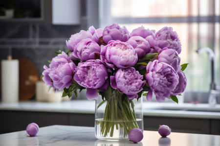 Captivating Purple Peony Bouquet Adorns Kitchen Interior -ar 3:2の素材