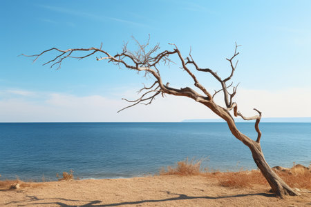 Nature's Struggle: A Photo Depicting the World Drought Through a Dry Branch Against a Blue Sea and Sの素材