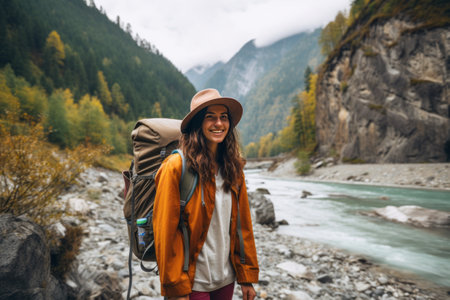 Capturing Nature's Beauty: A Joyous Girl Travels Along a Scenic Trail in a National Park, with Majesの素材