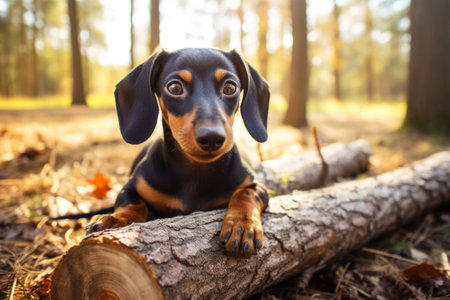 Sunny Delight: Playful Dachshund Poses with Bone in Park Photoの素材