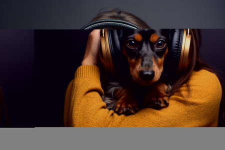 Hilarious Moment Captured: Photo Girl Playfully Mimics Funny Dachshund's Ears!の素材