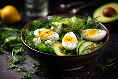 Deliciously Nutritious: A Vibrant Avocado Salad Bowl with Boiled Egg Slicesの素材