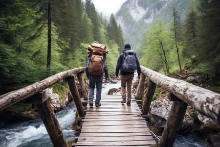 Awe-Inspiring Adventure: Capturing Moments as Photo Hiking Friends Conquer a Majestic Mountain Riverの素材