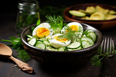 Vibrant Avocado Salad Bowl: A Perfect Combination of Healthy Greens and Sliced Boiled Eggs in a Captの素材