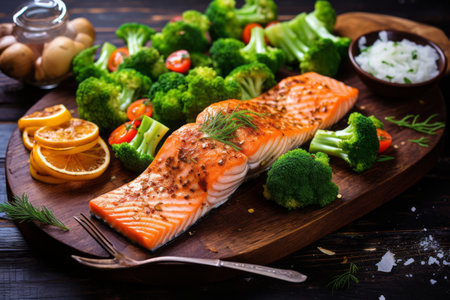 Deliciously Wholesome: A Mouthwatering Photo of Baked Salmon Steaks with Nutritious Broccoli, Caulifの素材