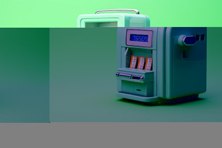 Convenience Unveiled: Charming 3D Rendering of Green Model Vending Machine in Pastel Blue Ambienceの素材