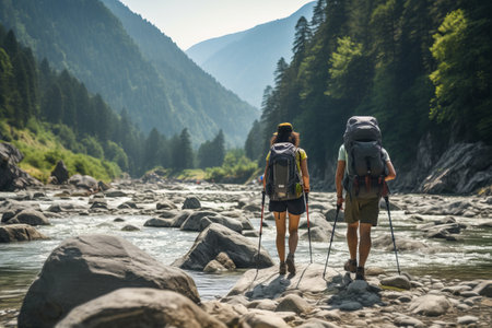Majestic Trails: Adventurous Couple Explores National Park, Conquering Stones and Rapidsの素材