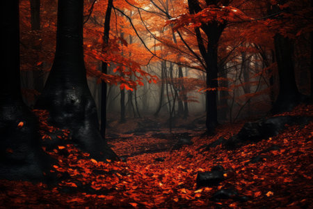 Autumn's Captivating Canvas: A Photo Glade Blanketed in Fallen Red Leaves (Aspect Ratio 3:2)の素材