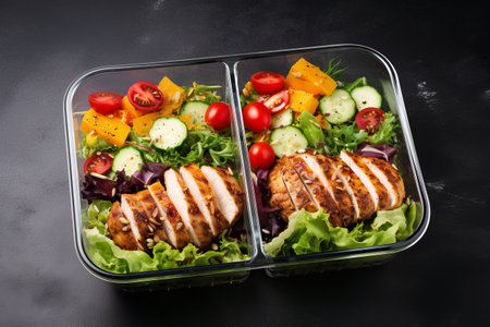 Capture the Perfectly Balanced Meal: Delectable Chicken and Salad Delights in Stylish 3:2 Photo Mealの素材