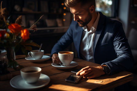 Caffeine Boost: A Photo Manager Takes a Coffee Break at the Table [AR 3:2]の素材