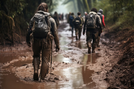 Muddy Trail Adventures: Rain-soaked Hikers and Tourists Embrace the Challengeの素材